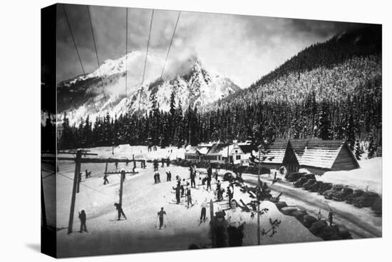 View of Skiers at Snoqualmie Pass Summit - Snoqualmie Pass, WA-Lantern Press-Stretched Canvas
