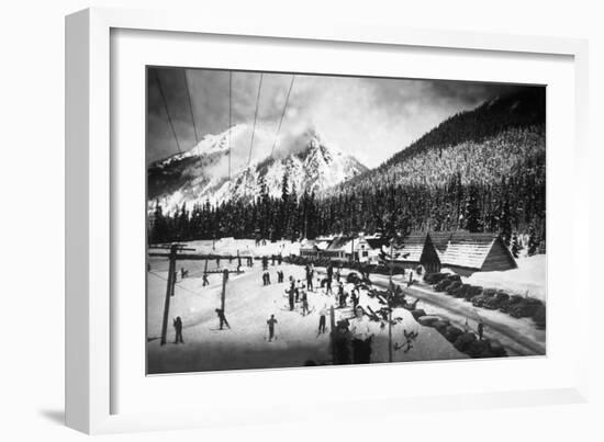 View of Skiers at Snoqualmie Pass Summit - Snoqualmie Pass, WA-Lantern Press-Framed Art Print