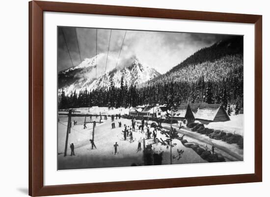 View of Skiers at Snoqualmie Pass Summit - Snoqualmie Pass, WA-Lantern Press-Framed Premium Giclee Print
