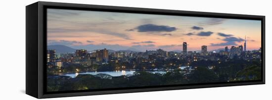 View of Skyline of Coastal Area of Fukuoka at Sunset, Kyushu, Japan-Ian Trower-Framed Stretched Canvas