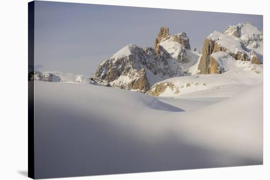 View of snow covered mountain range, Pale di San Martino, Dolomites, Italian Alps-Fabio Pupin-Stretched Canvas