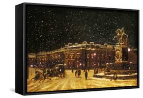 View of Snow Falling at Charing Cross at Night, C1851-null-Framed Stretched Canvas