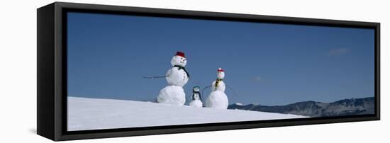 View of Snowmen in Snow Covered Landscape, Waterbury, Vermont, USA-null-Framed Stretched Canvas