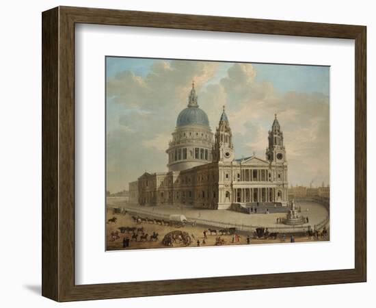 View of St. Paul's Cathedral with Figures in the Foreground, English School circa 1725-null-Framed Giclee Print