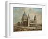 View of St. Paul's Cathedral with Figures in the Foreground, English School circa 1725-null-Framed Giclee Print