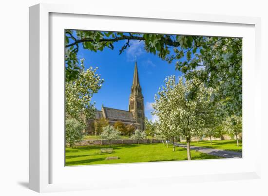 View of St. Peter's Church and spring blossom, Edensor Village, Chatsworth Park, Bakewell-Frank Fell-Framed Photographic Print