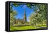 View of St. Peter's Church and spring blossom, Edensor Village, Chatsworth Park, Bakewell-Frank Fell-Framed Stretched Canvas