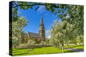 View of St. Peter's Church and spring blossom, Edensor Village, Chatsworth Park, Bakewell-Frank Fell-Stretched Canvas