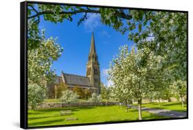 View of St. Peter's Church and spring blossom, Edensor Village, Chatsworth Park, Bakewell-Frank Fell-Framed Stretched Canvas