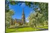 View of St. Peter's Church and spring blossom, Edensor Village, Chatsworth Park, Bakewell-Frank Fell-Stretched Canvas