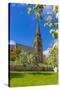 View of St. Peter's Church and spring blossom, Edensor Village, Chatsworth Park, Bakewell-Frank Fell-Stretched Canvas