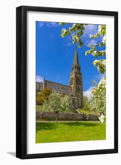 View of St. Peter's Church and spring blossom, Edensor Village, Chatsworth Park, Bakewell-Frank Fell-Framed Photographic Print