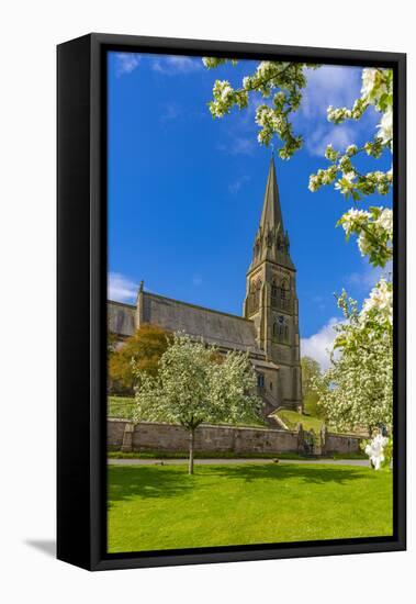 View of St. Peter's Church and spring blossom, Edensor Village, Chatsworth Park, Bakewell-Frank Fell-Framed Stretched Canvas