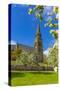 View of St. Peter's Church and spring blossom, Edensor Village, Chatsworth Park, Bakewell-Frank Fell-Stretched Canvas