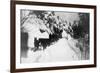 View of Stagecoach Driving through Snowy Mitchell Rd - Downieville, CA-Lantern Press-Framed Premium Giclee Print