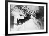 View of Stagecoach Driving through Snowy Mitchell Rd - Downieville, CA-Lantern Press-Framed Premium Giclee Print