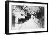 View of Stagecoach Driving through Snowy Mitchell Rd - Downieville, CA-Lantern Press-Framed Art Print
