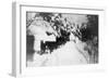 View of Stagecoach Driving through Snowy Mitchell Rd - Downieville, CA-Lantern Press-Framed Art Print