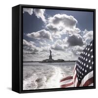 View of Statue of Liberty from Rear of Bot with Stars and Stripes Flag, New York-Purcell-Holmes-Framed Stretched Canvas