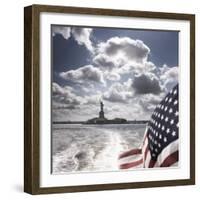 View of Statue of Liberty from Rear of Bot with Stars and Stripes Flag, New York-Purcell-Holmes-Framed Photographic Print