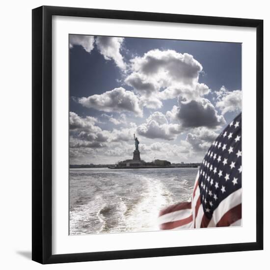 View of Statue of Liberty from Rear of Bot with Stars and Stripes Flag, New York-Purcell-Holmes-Framed Photographic Print