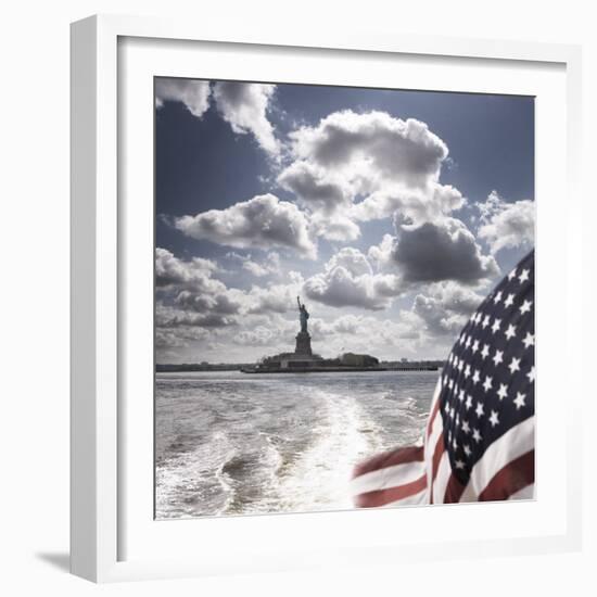 View of Statue of Liberty from Rear of Bot with Stars and Stripes Flag, New York-Purcell-Holmes-Framed Photographic Print