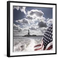 View of Statue of Liberty from Rear of Bot with Stars and Stripes Flag, New York-Purcell-Holmes-Framed Photographic Print