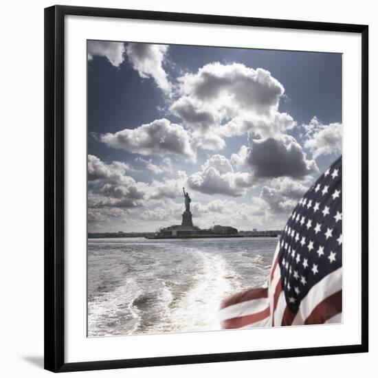 View of Statue of Liberty from Rear of Bot with Stars and Stripes Flag, New York-Purcell-Holmes-Framed Photographic Print