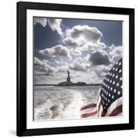 View of Statue of Liberty from Rear of Bot with Stars and Stripes Flag, New York-Purcell-Holmes-Framed Photographic Print