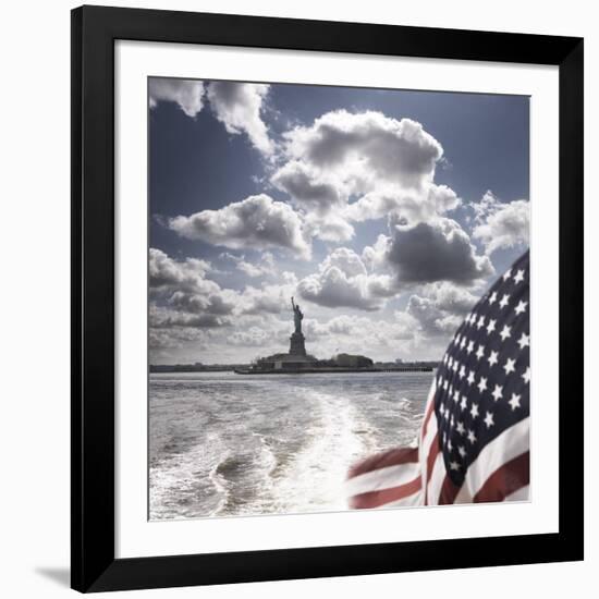 View of Statue of Liberty from Rear of Bot with Stars and Stripes Flag, New York-Purcell-Holmes-Framed Photographic Print