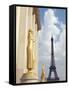 View of statues with Eiffel Tower in the background, Paris, France-null-Framed Stretched Canvas