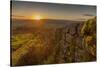 View of sunset from dry stone wall on Baslow Edge, Baslow, Peak District National Park, Derbyshire,-Frank Fell-Stretched Canvas