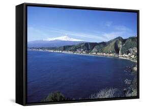 View of Taormina with Mount Etna in the Background, Giardini Naxos, Sicily, Italy, Europe-Vincenzo Lombardo-Framed Stretched Canvas