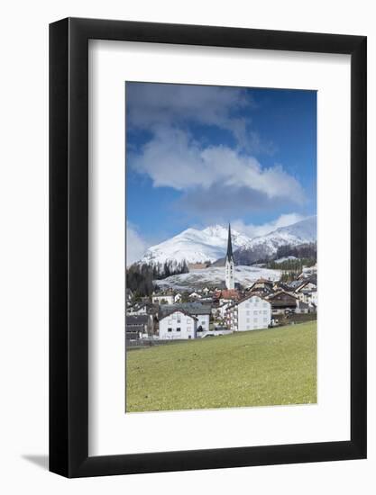 View of the alpine village of Zuoz surrounded by snowy peaks in spring, Maloja, Canton of Graubunde-Roberto Moiola-Framed Photographic Print