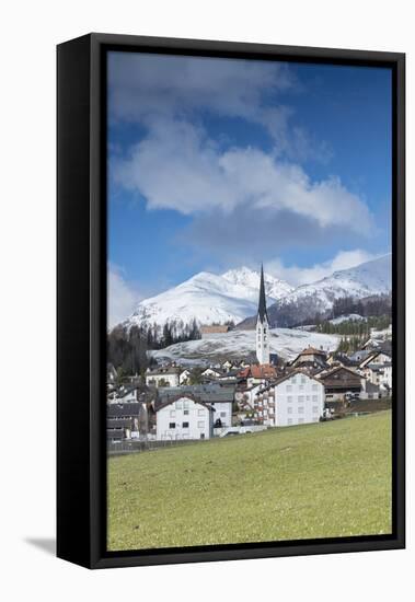 View of the alpine village of Zuoz surrounded by snowy peaks in spring, Maloja, Canton of Graubunde-Roberto Moiola-Framed Stretched Canvas