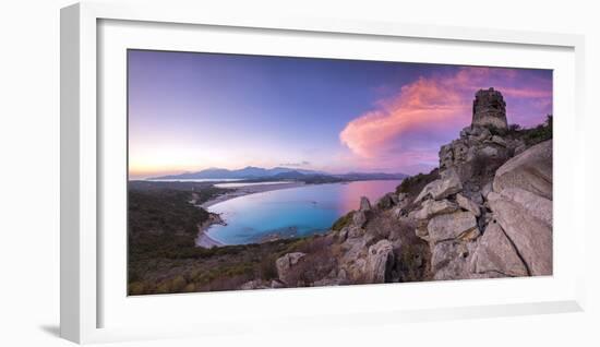 View of the bay and beaches from the stone tower at sunset, Porto Giunco, Villasimius, Italy-Roberto Moiola-Framed Photographic Print