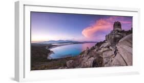 View of the bay and beaches from the stone tower at sunset, Porto Giunco, Villasimius, Italy-Roberto Moiola-Framed Photographic Print