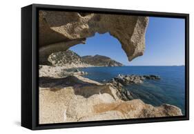 View of the Blue Sea from a Natural Sea Cave of Rocks Shaped by Wind, Punta Molentis, Villasimius-Roberto Moiola-Framed Stretched Canvas