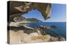 View of the Blue Sea from a Natural Sea Cave of Rocks Shaped by Wind, Punta Molentis, Villasimius-Roberto Moiola-Stretched Canvas