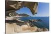 View of the Blue Sea from a Natural Sea Cave of Rocks Shaped by Wind, Punta Molentis, Villasimius-Roberto Moiola-Stretched Canvas