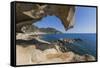 View of the Blue Sea from a Natural Sea Cave of Rocks Shaped by Wind, Punta Molentis, Villasimius-Roberto Moiola-Framed Stretched Canvas