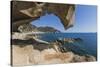 View of the Blue Sea from a Natural Sea Cave of Rocks Shaped by Wind, Punta Molentis, Villasimius-Roberto Moiola-Stretched Canvas