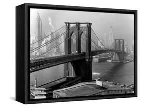 View of the Brooklyn Bridge and the Skyscrapers of Manhattan's Financial District-Andreas Feininger-Framed Stretched Canvas