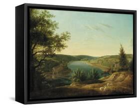 View of the Chain Bridge and Falls of the Schuylkill, Five Miles from Philadelphia-Thomas Birch-Framed Stretched Canvas
