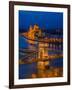 View of the Chain bridge over the River Danube, UNESCO World Heritage Site, with the Parliament in-David Rocaberti-Framed Photographic Print