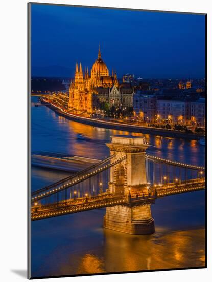 View of the Chain bridge over the River Danube, UNESCO World Heritage Site, with the Parliament in-David Rocaberti-Mounted Photographic Print