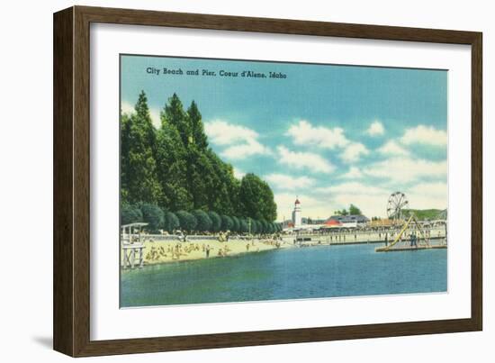 View of the City Beach and Pier - Coeur d'Alene, ID-Lantern Press-Framed Art Print