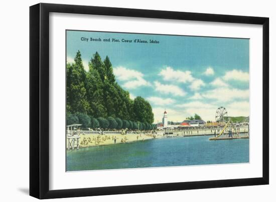View of the City Beach and Pier - Coeur d'Alene, ID-Lantern Press-Framed Art Print