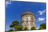 View of the city's landmark The White Tower, with Greek flag waving on top, Thessaloniki, Greece, E-null-Mounted Photographic Print