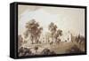 View of the Farm House with Screen to Stables and Farm Buildings to Sezincote House-John Martin-Framed Stretched Canvas